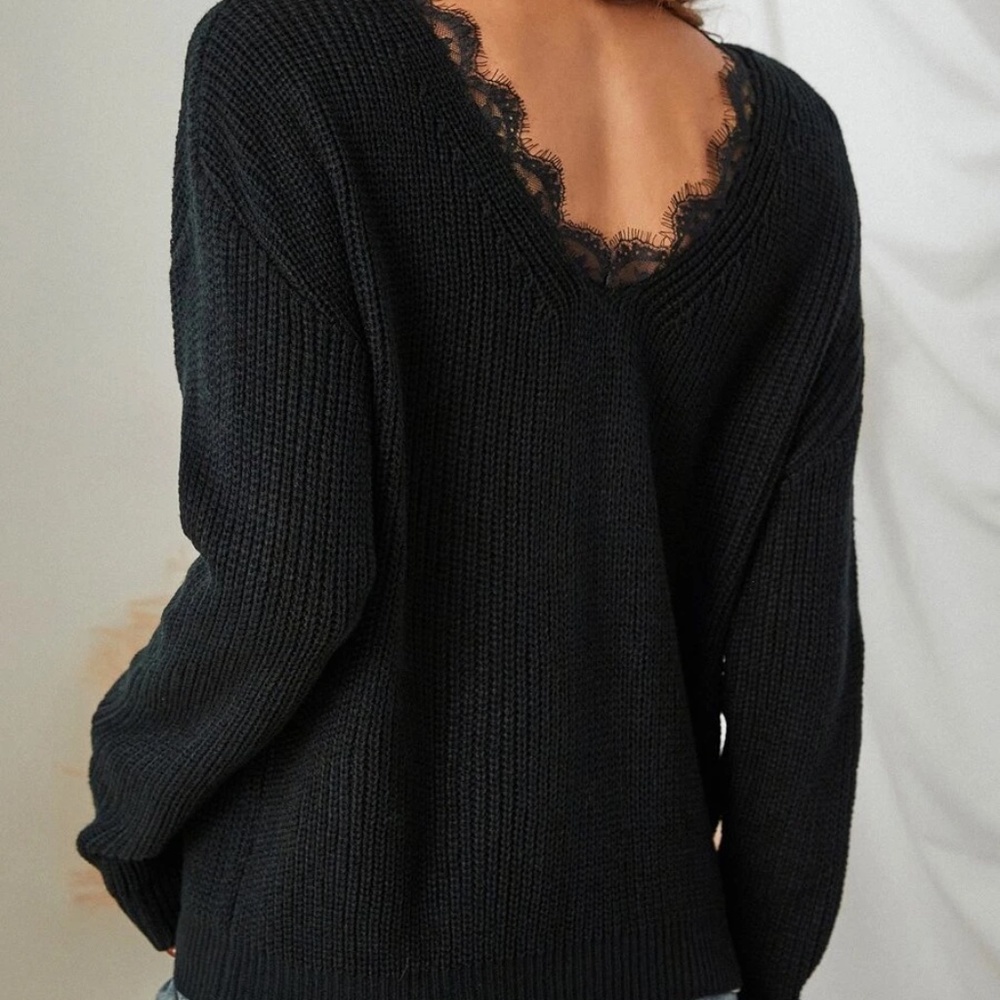 Cozy Lace Off Shoulder Sweater Top Backless - Picture 4 of 5